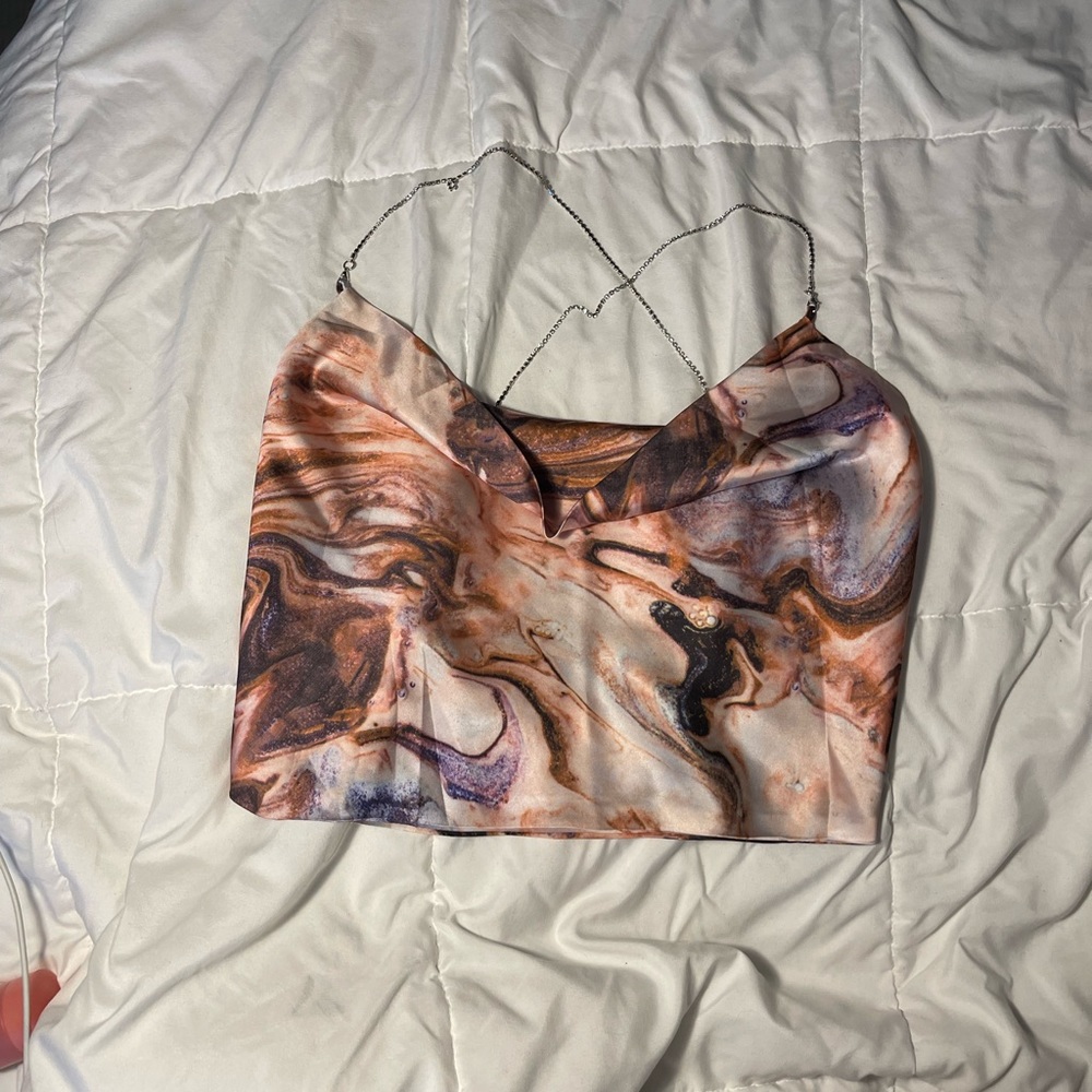 Marble print open back with rhinestone chain strap crop top